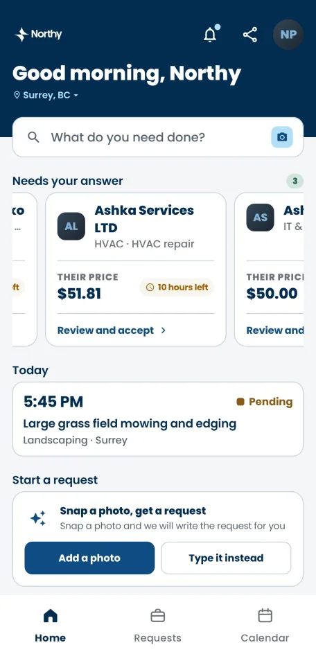 The client home screen in the Northy app, listing quotes waiting for an answer above today's booked job