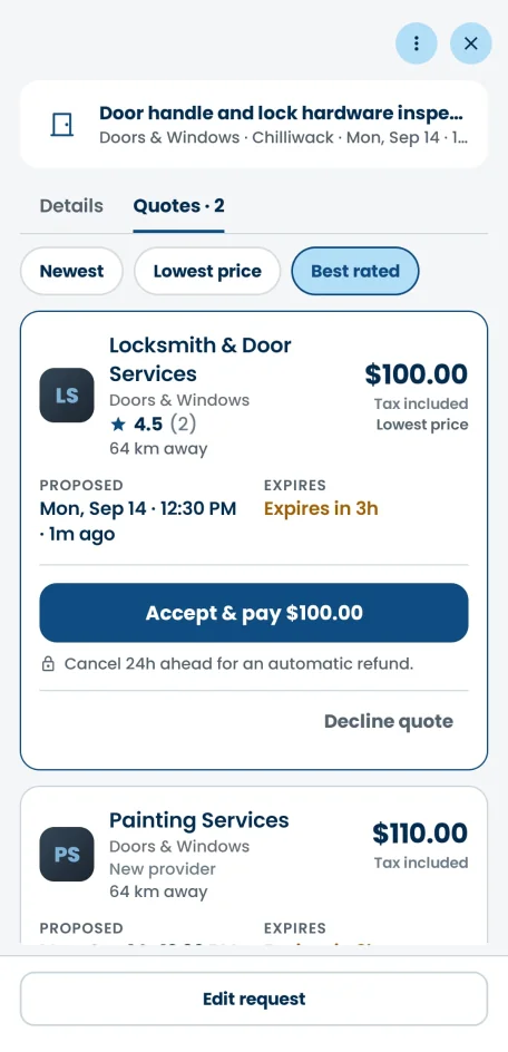 Three quotes for one job side by side in the Northy app, each showing a tax-included price, a rating and a distance