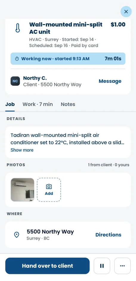 A job running in the Northy app, with its timer counting, the client's details, directions and the job photos